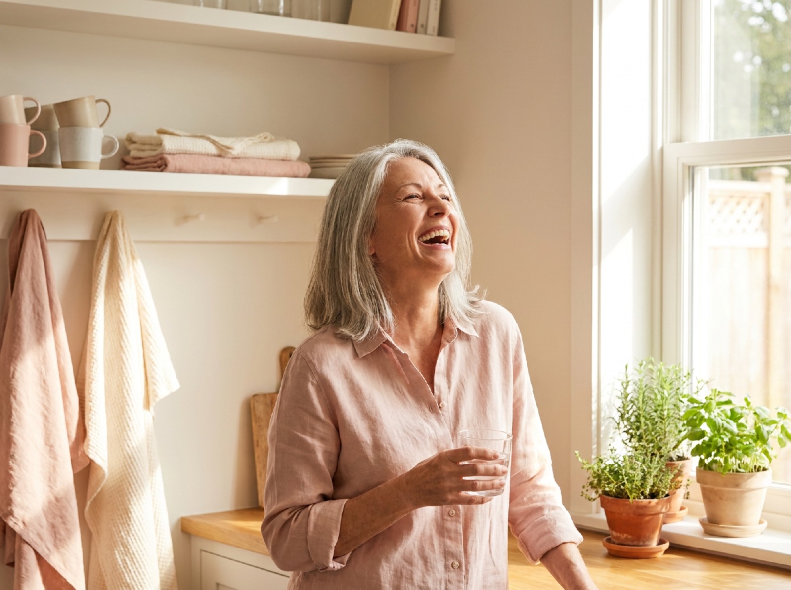Woman in her sixties laughing in her kitchen