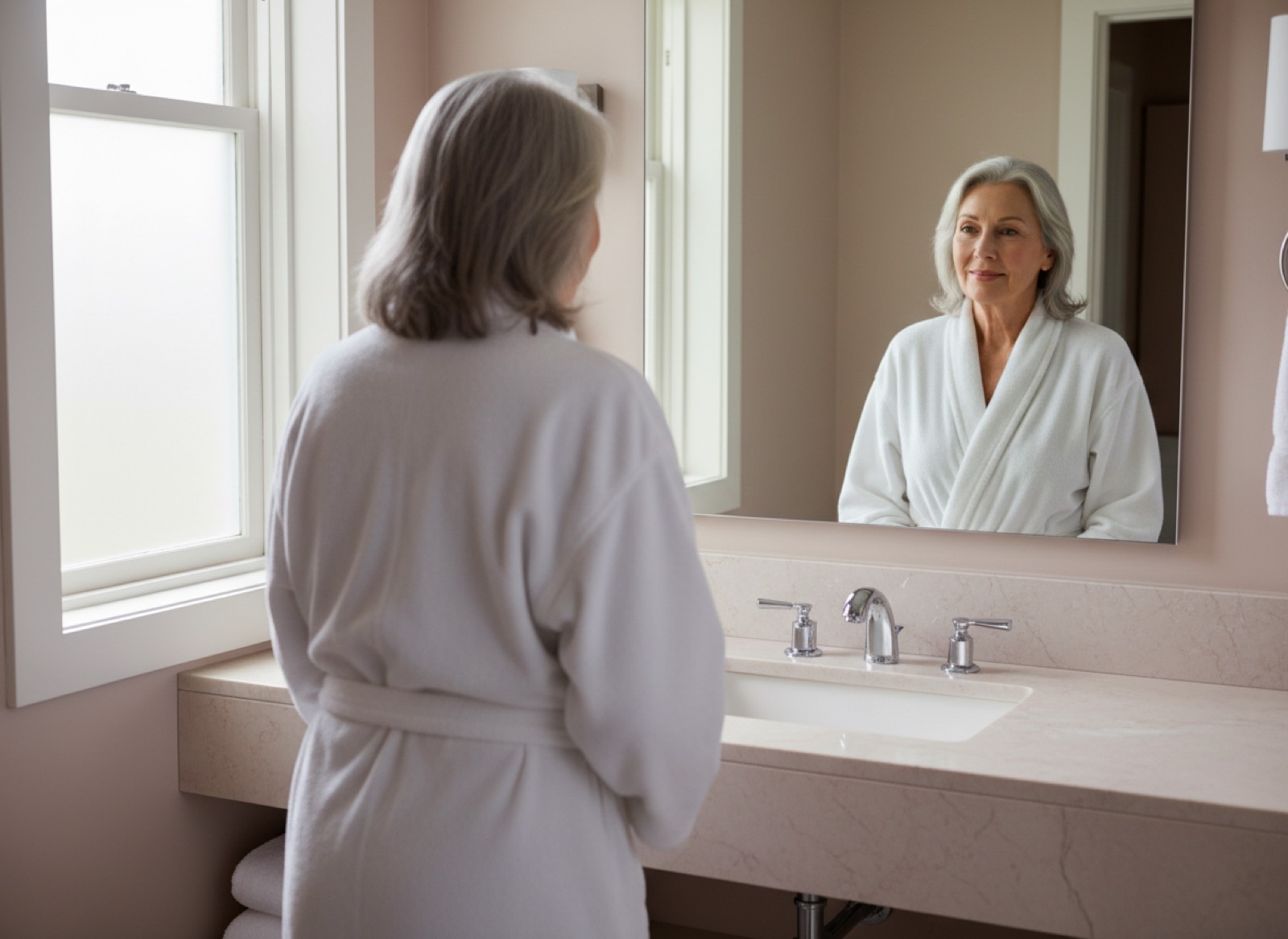 Woman in her sixties at the bathroom mirror