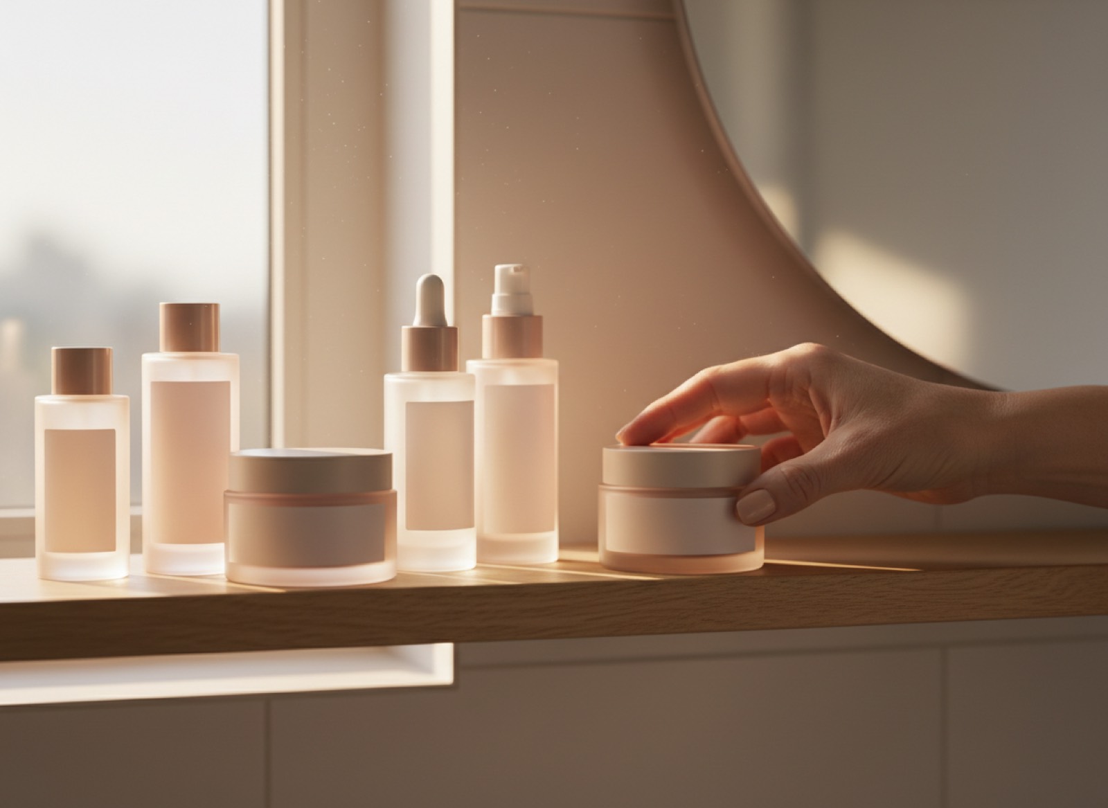 Skincare shelf in morning light