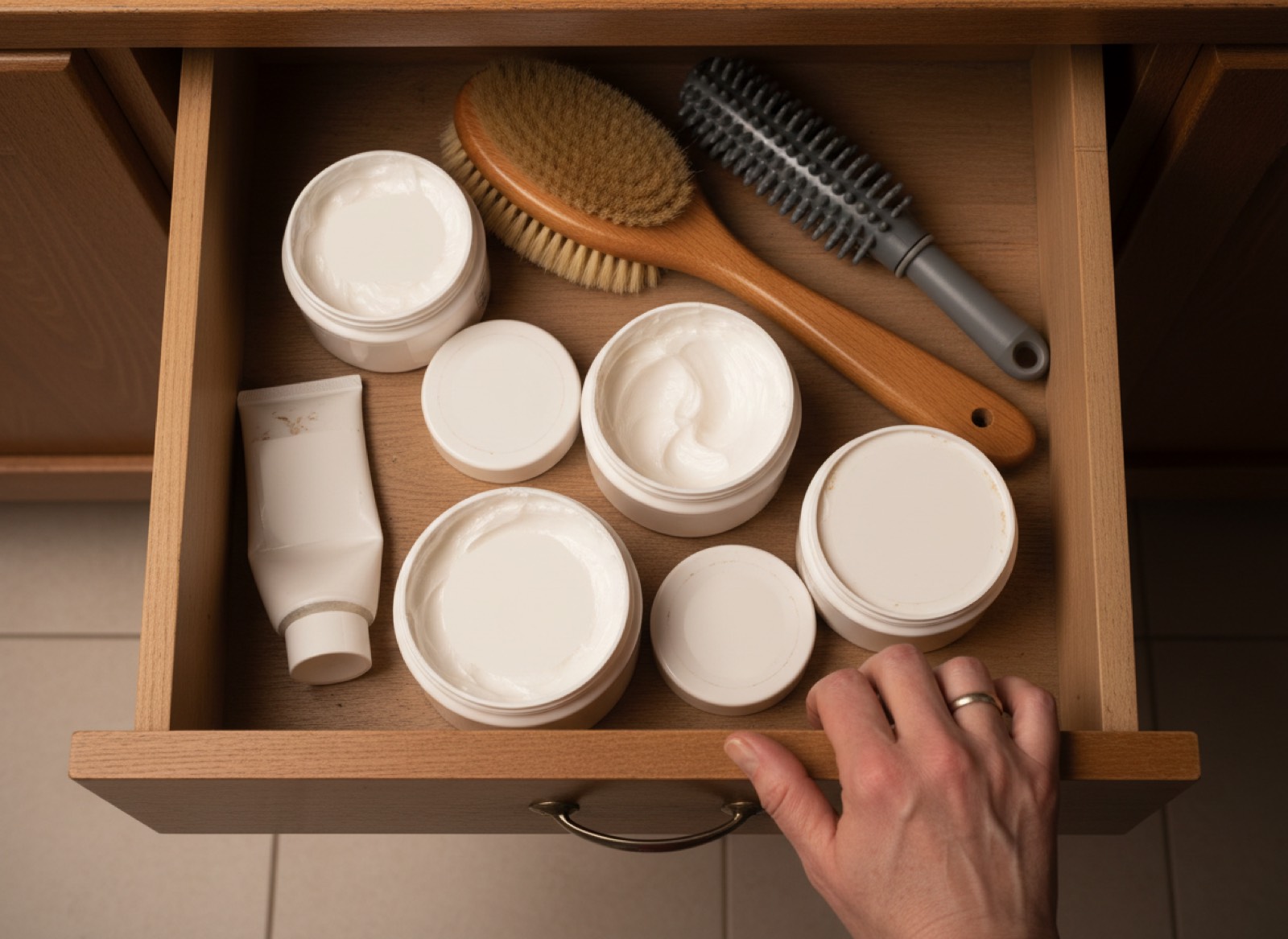 A drawer of creams and brushes that never worked