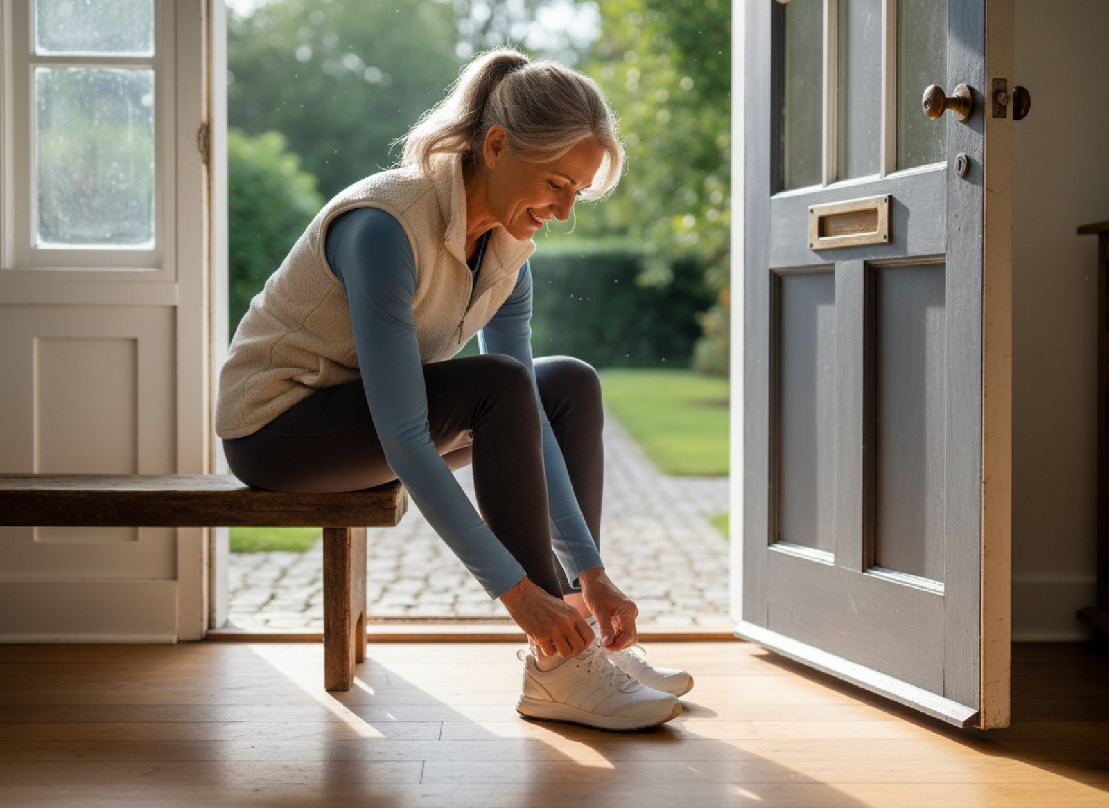Tying walking shoes by the front door