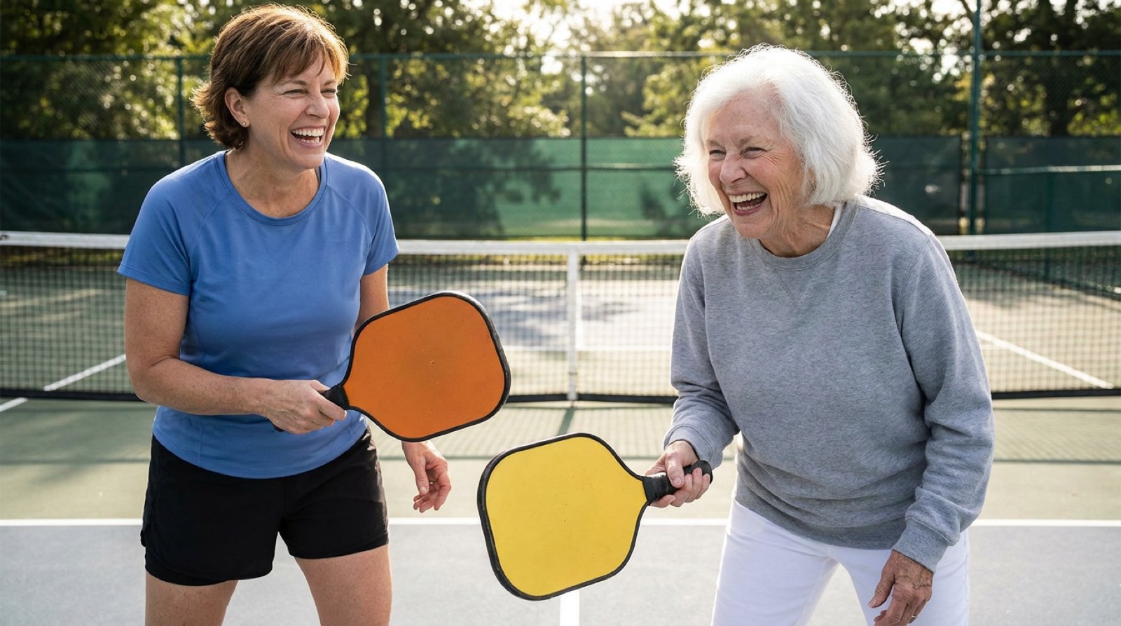 Two friends laughing mid-game on the pickleball court