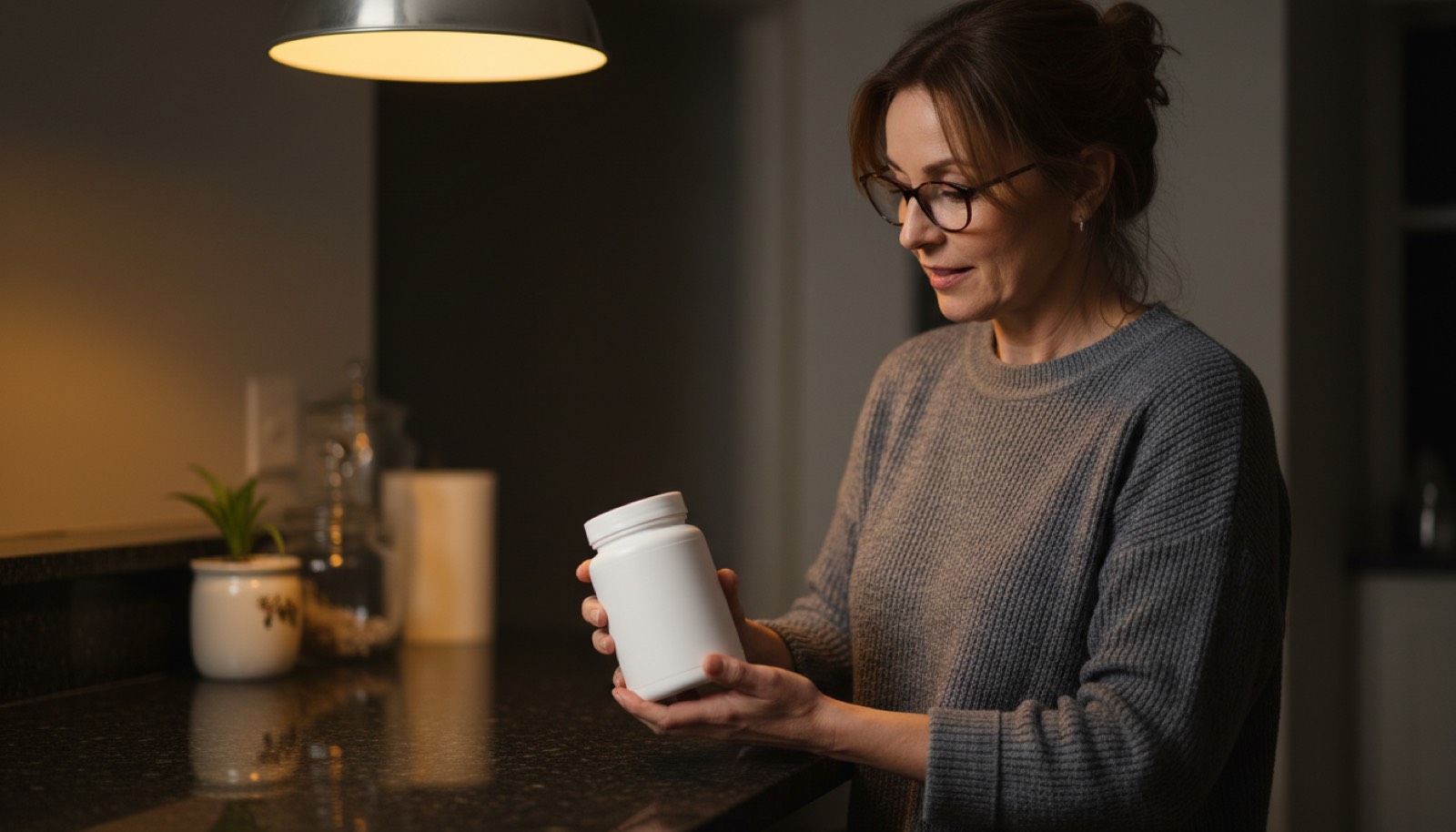 Reading a supplement label at the kitchen counter