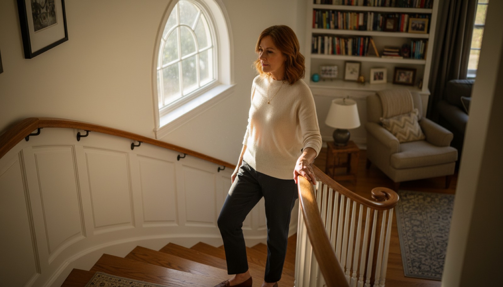Pausing on the stairs at home